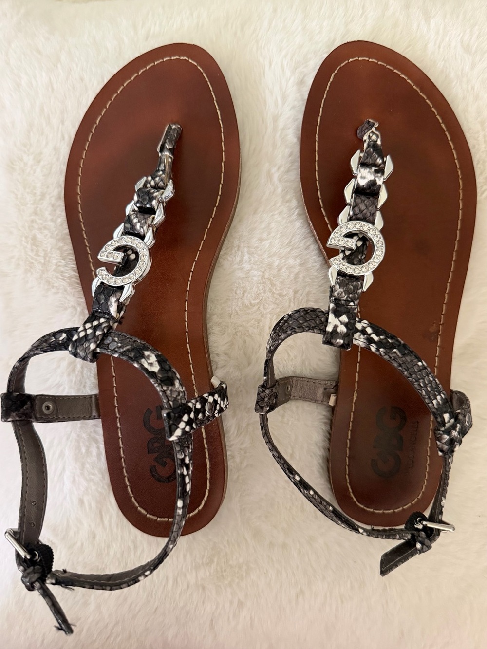 GBG Los Angeles Brown Sandal with Black & White Snake-Print T-Strap